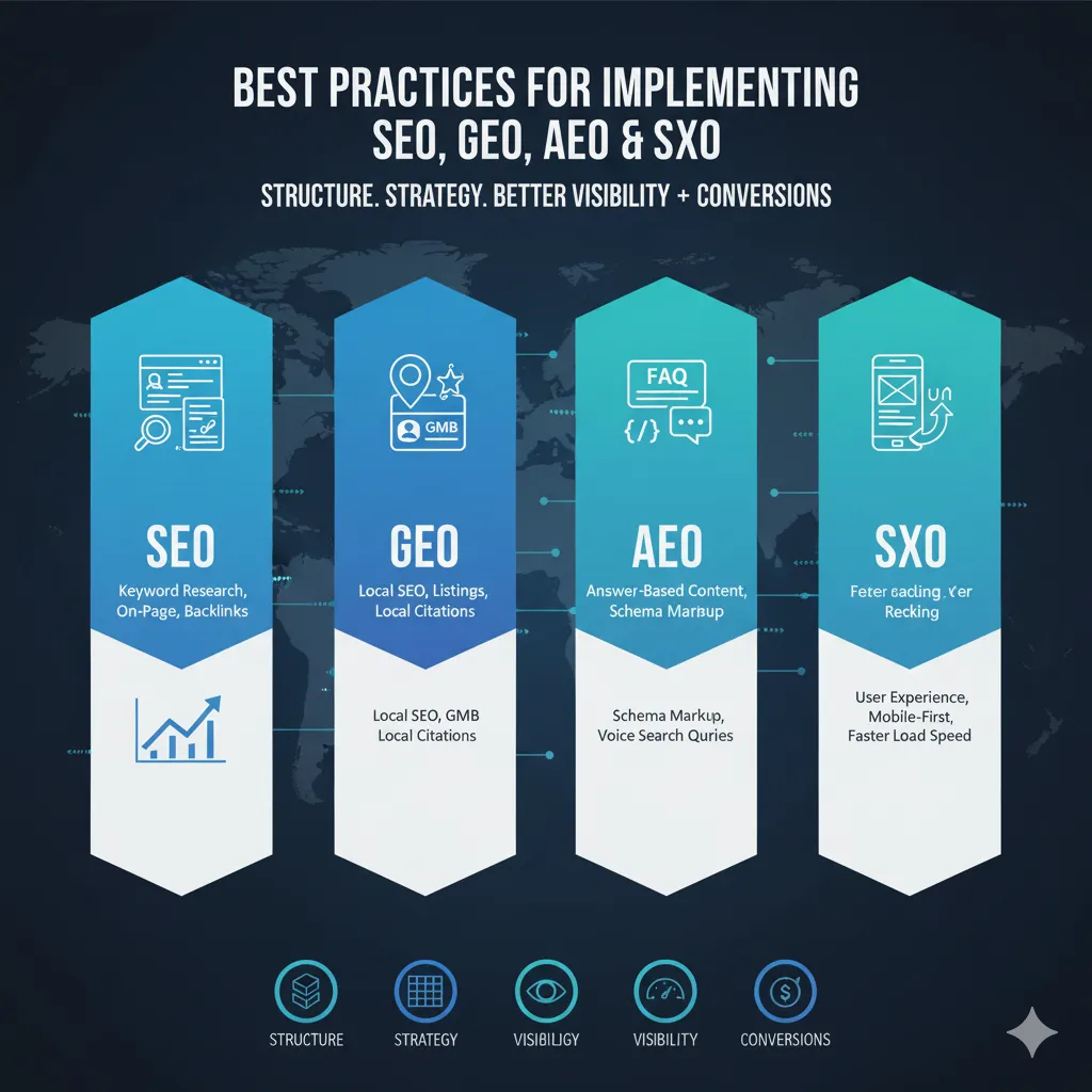 Best Practices for Implementing SEO, GEO, AEO and SXO