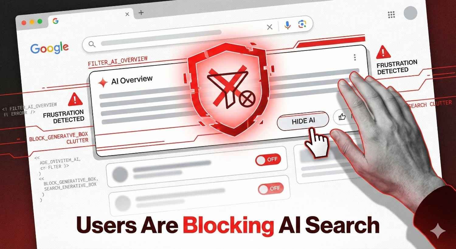Users Are So Frustrated, They're Hacking Their Browsers to Block It - Image showing browser extensions and methods users employ to remove AI Overviews