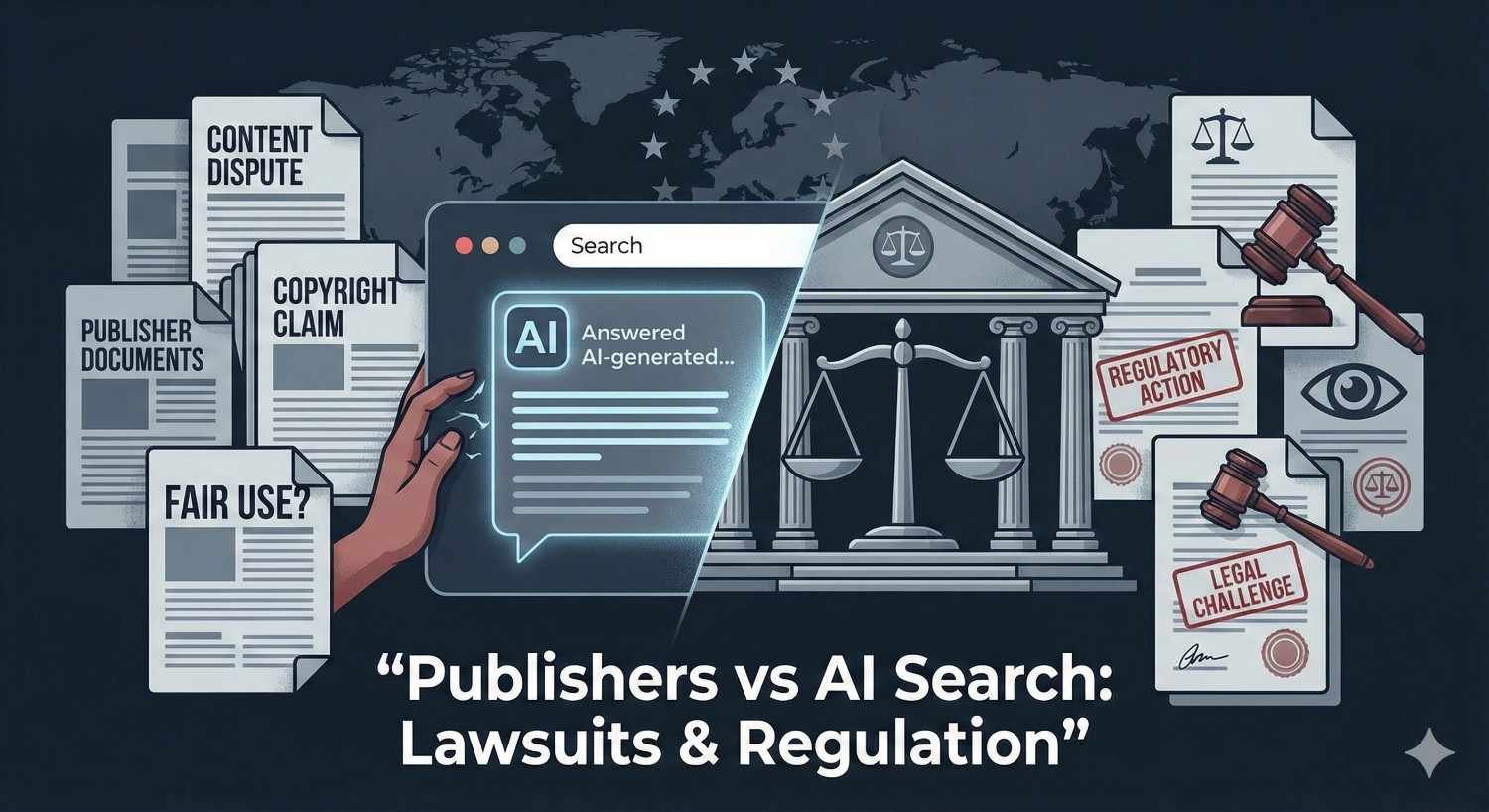 Publishers Are Suing and Regulators Are Watching - Visual representation of legal actions and regulatory scrutiny against Google's AI Overviews